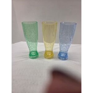 Set of 3 Seeded Bubble Glass Pilsner Tumblers Green Yellow Blue 8.5 Inch